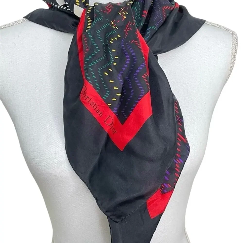 Vintage 80s Christian Dior 100% Silk Black Red Abstract Plaid 30